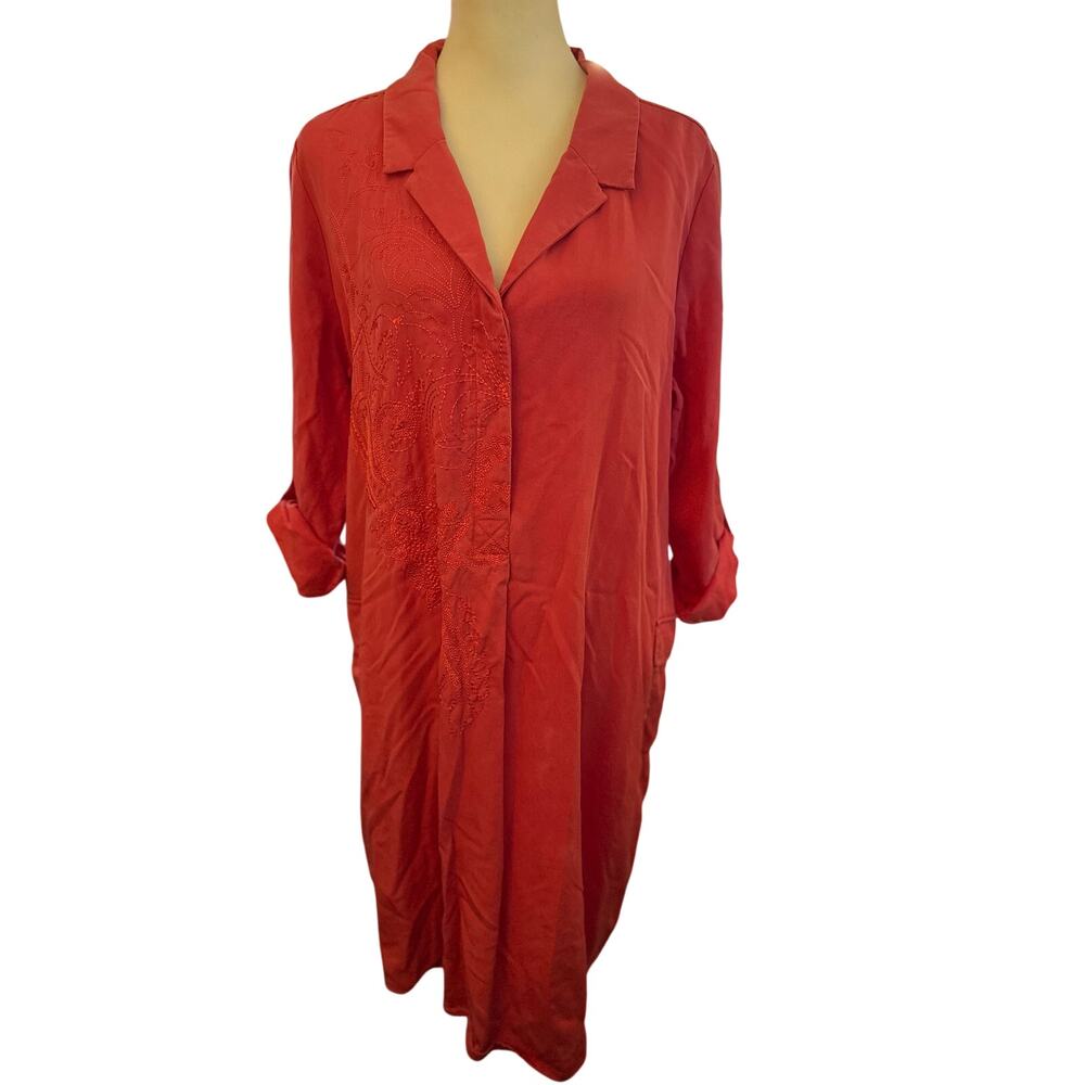Soft Surroundings Embroidered Popover Shift Dress, Coral, Tencel, Size XL